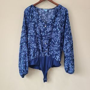 Draper James RSVP Women Floral Body Suit Size XL Blue Ruffle Sleeve Boho Prairie